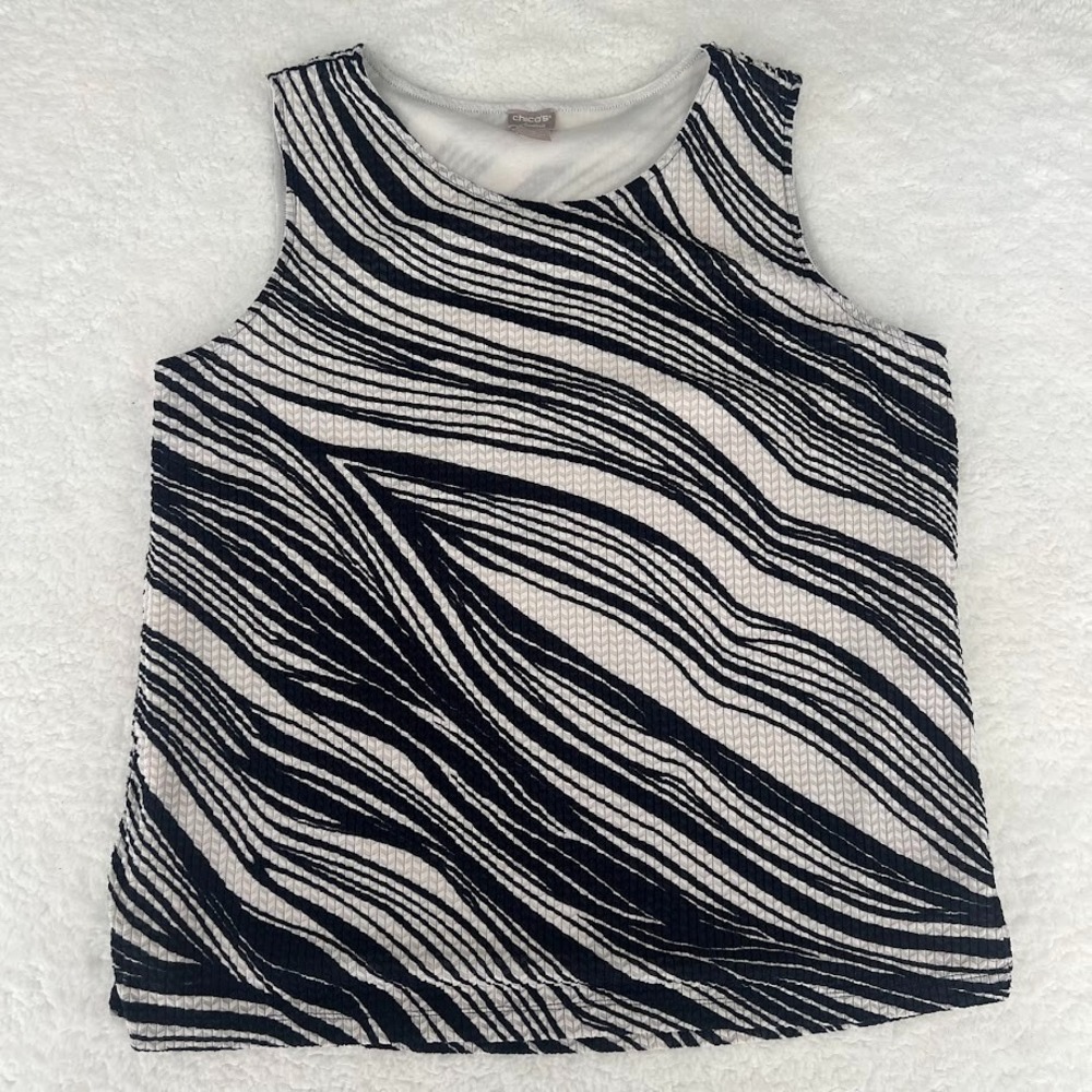 Chico's Travelers Tank Top Size 3 (16/18) Blue White‎ Striped Textured Stretch